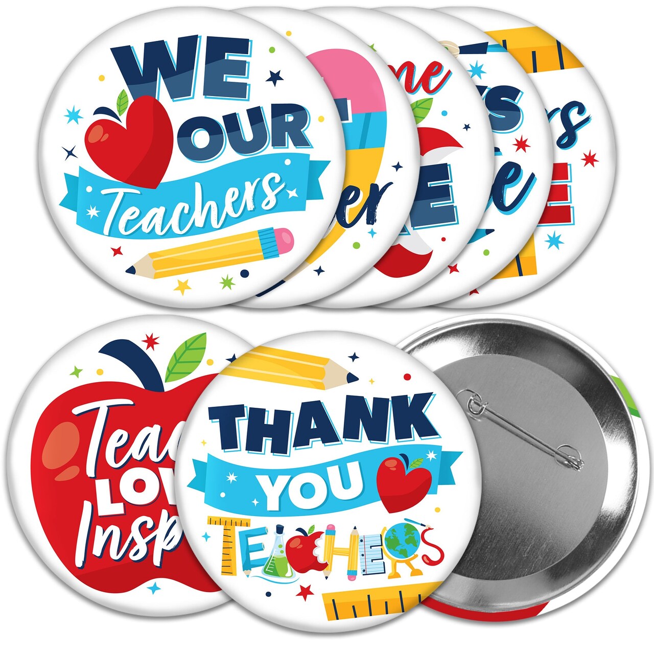 Big Dot of Happiness Thank You Teachers - 3 inch Teacher Appreciation Badge - Pinback Buttons - Set of 8